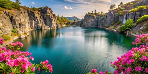 Naklejka premium A serene lake surrounded by rugged cliffs and vibrant pink blooms