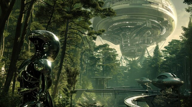 Futuristic Cityscape with a Robot in Forest
