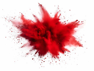Dynamic red powder explosion on a white background, creating vibrant splashes and artistic effects for creative projects.