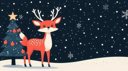 Reindeer and foxes, decorating Christmas tree, winter night, flat design illustration