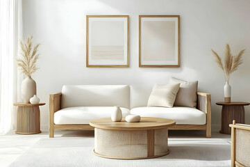 Elegant interior design featuring a minimalist living room with neutral tones, cozy furniture, and stylish decor elements.