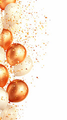 Festive celebration image with orange and white balloons, sparkling confetti creating a joyful atmosphere for events.
