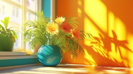 A blue vase filled with yellow and orange flowers sits on a window sill in a room with an orange wall. Sunlight streams through the window and casts a shadow on the wall.