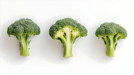 Fresh broccoli displayed on a white background, highlighting its vibrant green color and unique textures.