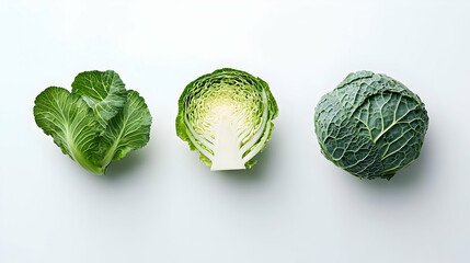 Fresh cabbage varieties including whole heads and cross-section, ideal for culinary and health-related imagery.