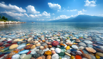 The sea is full of colorful pebbles, and the pebble beach on both sides is covered with many colored glass stones