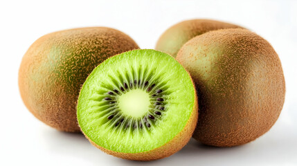Fototapeta premium Fresh kiwis showcasing vibrant green flesh and fuzzy skin, perfect for healthy recipes and fruity desserts.