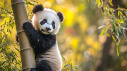 Obraz premium A cute panda cub climbing a bamboo tree in a lush forest.