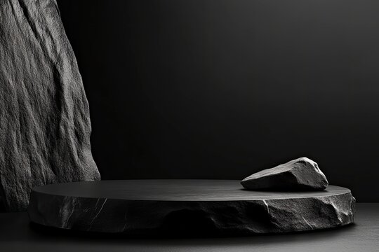 Elegant black stand or podium, scene with black stone and black background. Beautiful black background with place for the product. Elegant dark background, ai
