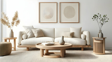 Minimalist living room featuring a cozy sofa, wooden furniture, and stylish decor, creating a serene and inviting atmosphere.