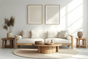 Modern living room featuring a cozy sofa, wooden furniture, and bright natural light for a tranquil ambiance.