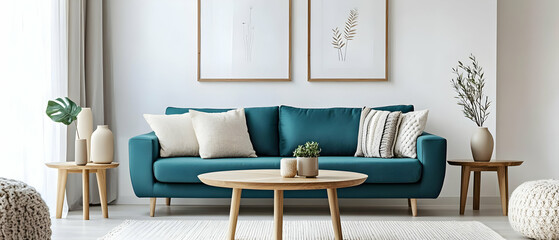 Modern living room featuring a cozy teal sofa, stylish decor, and natural light, perfect for relaxation and comfort.