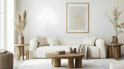 Modern living room featuring a stylish sofa, wooden furniture, and elegant decor elements for a cozy ambiance.