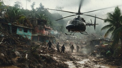 Military helicopter hovers above soldiers advancing through a rain-soaked, disaster-stricken tropical village amidst intense environmental conditions.