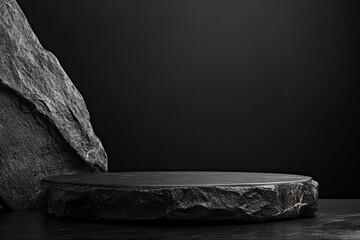 Elegant black stand or podium, scene with black stone and black background. Beautiful black background with place for the product. Elegant dark background, ai