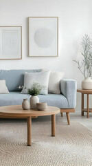 Stylish living room design with a blue sofa, decorative pillows, coffee table, and modern wall art for a cozy atmosphere.