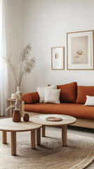 Obraz premium Stylish living room featuring a cozy brown sofa, elegant decor, and minimalist design, perfect for contemporary interiors.