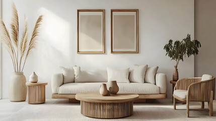 Stylish living room with neutral decor, featuring a cozy sofa, wooden furniture, and modern art frames, perfect for home inspiration.