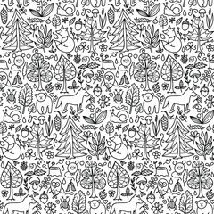 A whimsical black-and-white pattern featuring trees, animals, and nature elements, ideal for backgrounds or textile designs.