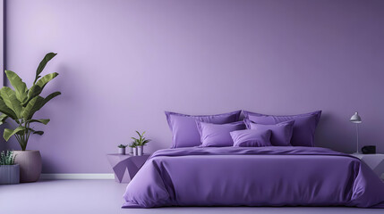 Stylish purple bedroom with cozy bedding, plants, and modern decor, creating a serene and inviting atmosphere.