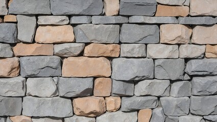 Obraz premium close-up view of a stone wall. The wall is constructed with irregularly shaped stones of varying sizes, predominantly in shades of gray and light brown
