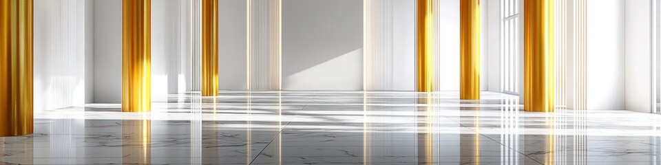 Obraz premium Rendered contemporary hall in white with golden columns and glossy floors.