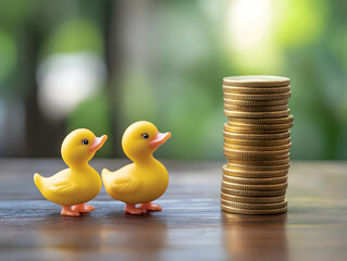 Two cheerful yellow ducks stand beside a tall stack of coins, symbolizing savings and financial growth in a playful manner.
