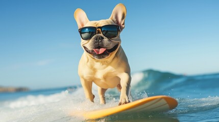 A happy dog riding a surfboard in bright sunglasses on a sunny day at the beach.