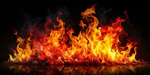 Obraz premium Fiery flames burning in dark with red and yellow hues against black background
