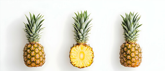 Fototapeta premium Vibrant pineapples arranged on a white background, showcasing a whole fruit and a perfectly sliced half for tropical freshness.