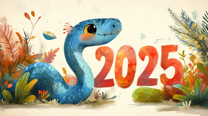 Naklejka premium 2025년 새해 인사와 귀여운 뱀 일러스트 배경