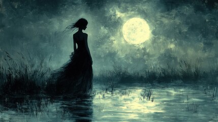 Enigmatic Ghostly Woman by Moonlit Lake - Ethereal Silhouette of Lady Reflecting in Water at Night