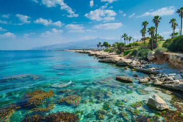 Fototapeta premium Tropical beach with palm trees and turquoise sea water