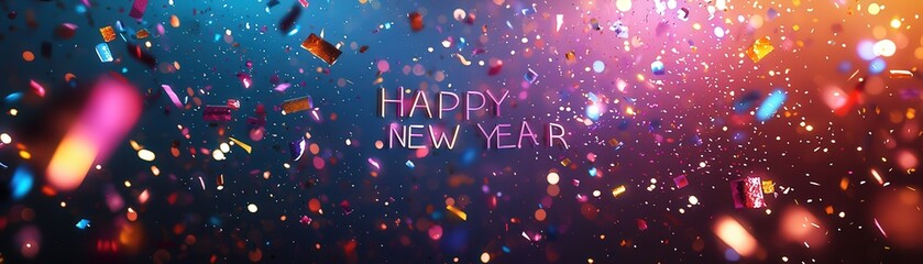 Radiant Happy New Year text surrounded by a burst of shimmering lights and swirling confetti, set against a dark night sky with colorful fireworks illuminating the scene. 3d illustration