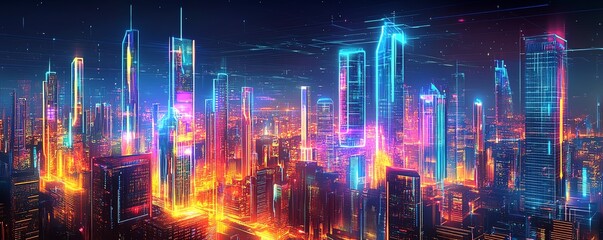 Fototapeta premium A vibrant futuristic cityscape at night, illuminated with neon lights and energy, showcasing modern architecture and innovation.
