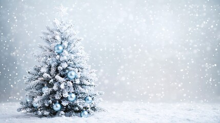 Elegant white and blue Christmas tree with shimmering silver ornaments and soft blue lights, set against a snowy background, leaving space at the bottom for text