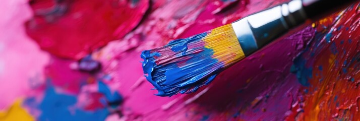 Obraz premium Close-up of a paintbrush with various vibrant colors including red, pink, and blue, highlighting the artistic creativity and the dynamic energy of painting and art creation.