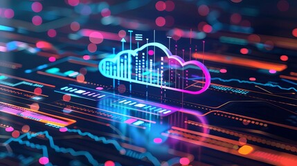 Digital Cloud Network, vibrant cloud icon surrounded by colorful data streams, representing advanced technology and cloud computings role in data management and connectivity