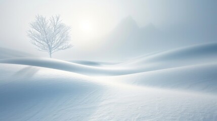 Winter Serenity, a lone tree stands tall amidst soft undulating snow, shrouded in a gentle fog, soft sunlight filtering through to create a tranquil, ethereal landscape.