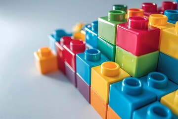 Obraz premium top view of colorful plastic building blocks on white background with copy space