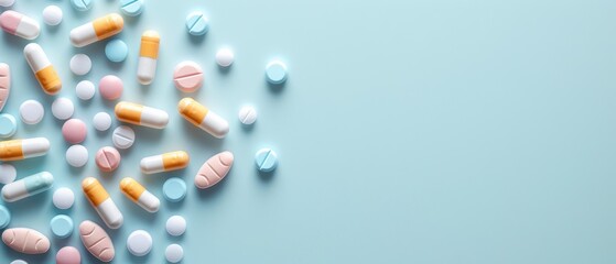 Assorted colorful pharmaceutical tablets and capsules scattered on a soft blue background, representing a range of medications for various health needs.
