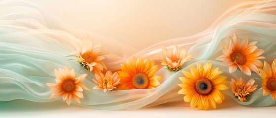 Fototapeta premium Elegant sunflowers emerging from soft flowing fabrics, a serene blend of warm orange hues and gentle pastel shades creating a tranquil floral composition.