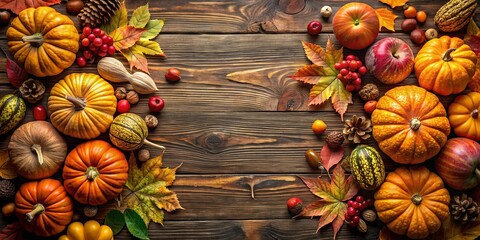 Fototapeta premium Harvest wallpaper featuring pumpkins, acorns, autumn leaves, and fruits in a seasonal display