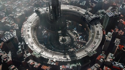 Obraz premium Futuristic Cityscape with a Circular Tower