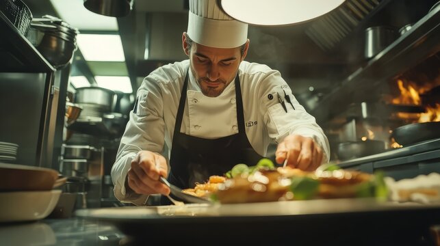 Professional chef plating a gourmet dish in a modern kitchen with focused attention and precision. High-end culinary art and expertise.