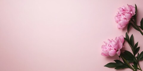 Fototapeta premium This image features two pink flowers with lush green leaves set against a soft pink background, emphasizing their delicate beauty and natural elegance.