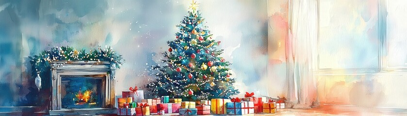 A festive living room with a towering Christmas tree covered in twinkling fairy lights, silver tinsel, and colorful ornaments, surrounded by piles of gifts wrapped in shiny paper and festive bows,