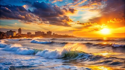 Fototapeta premium Scenic sunset over ocean with crashing waves and distant buildings