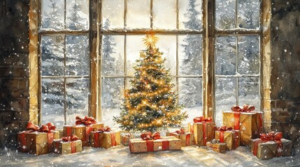 A picture-perfect Christmas scene with a snowy outdoor backdrop seen through large windows, a Christmas tree glowing with soft golden lights and adorned with red ribbon, surrounded by gifts of all
