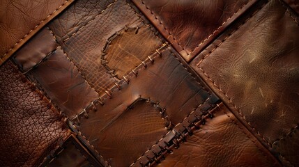Textured leather patchwork, rich tones of brown, intricate stitching patterns, showcasing craftsmanship and the luxurious appeal of leather artistry.